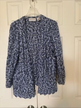 Alfred Dunner Navy & White  Open-Front Sweater Cardigan with Silver Sequins